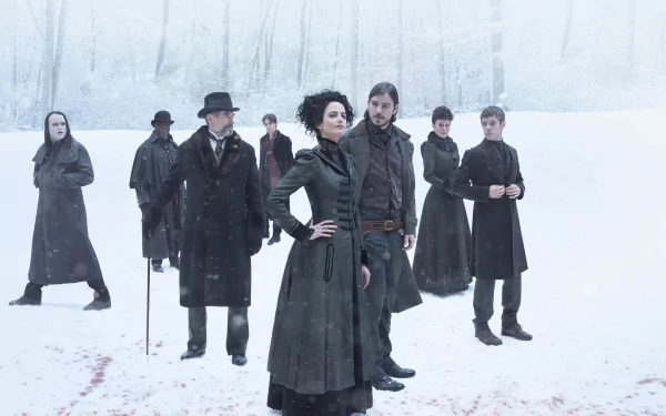 A dramatic scene from the TV show Penny Dreadful, featuring Eva Green and a group of characters in dark attire, set against a snowy backdrop.