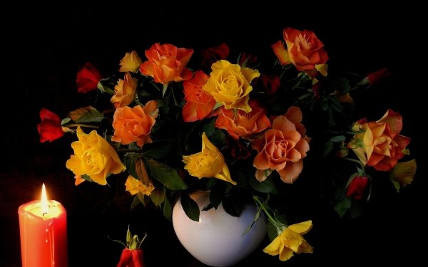 Photography Still Life Rose Colors Colorful Vase Candle Yellow Flower Orange Flower HD Wallpaper | Background Image