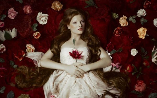 Women Model Redhead Flower Lying Down White Flower HD Wallpaper | Background Image