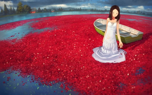 Anime Original Boat Water Dress Red Cloud Long Hair Brown Hair White Dress HD Wallpaper | Background Image