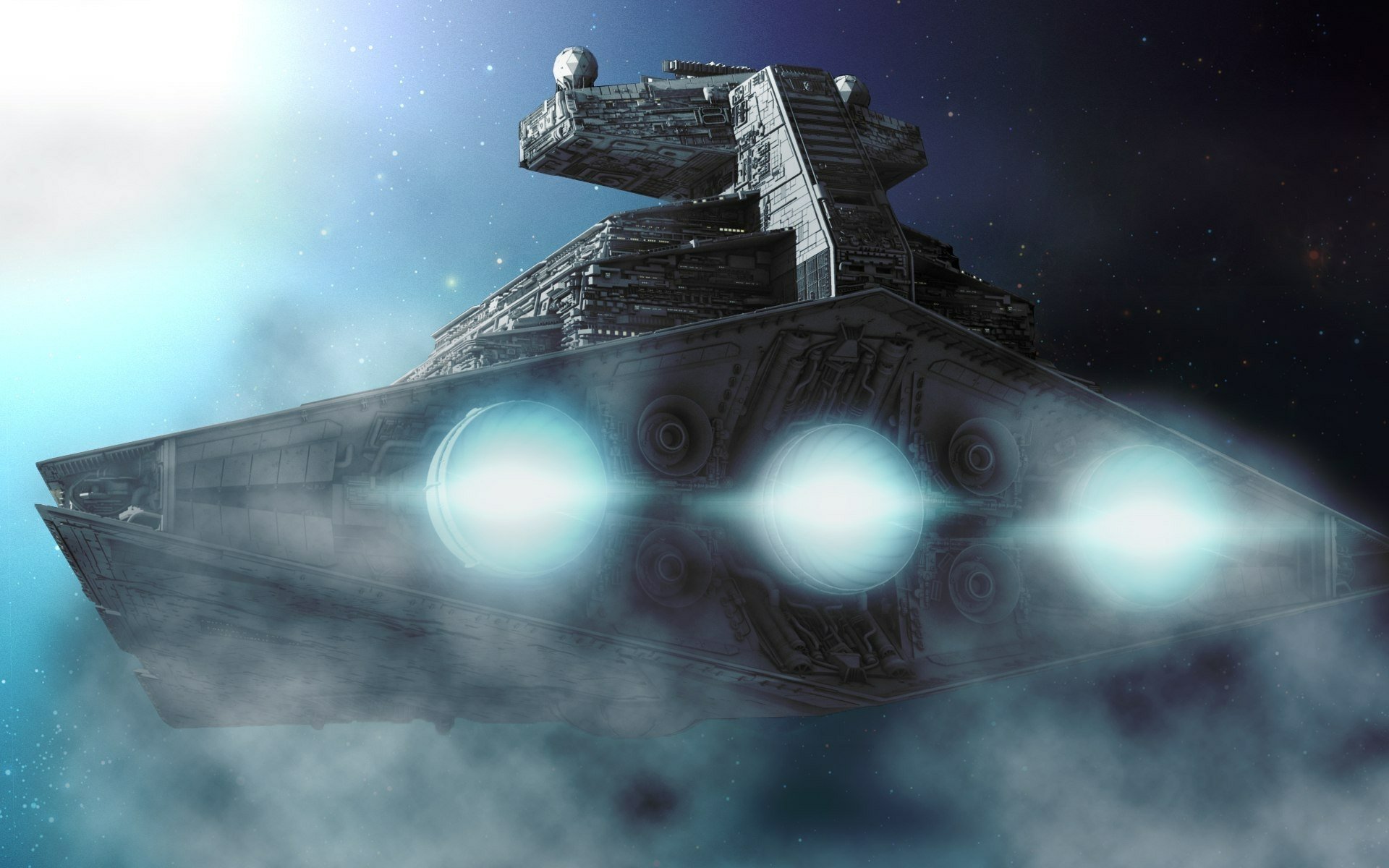 HD PC desktop wallpaper featuring a Star Wars movie scene with a large Star Destroyer spaceship emitting bright thruster lights in outer space.