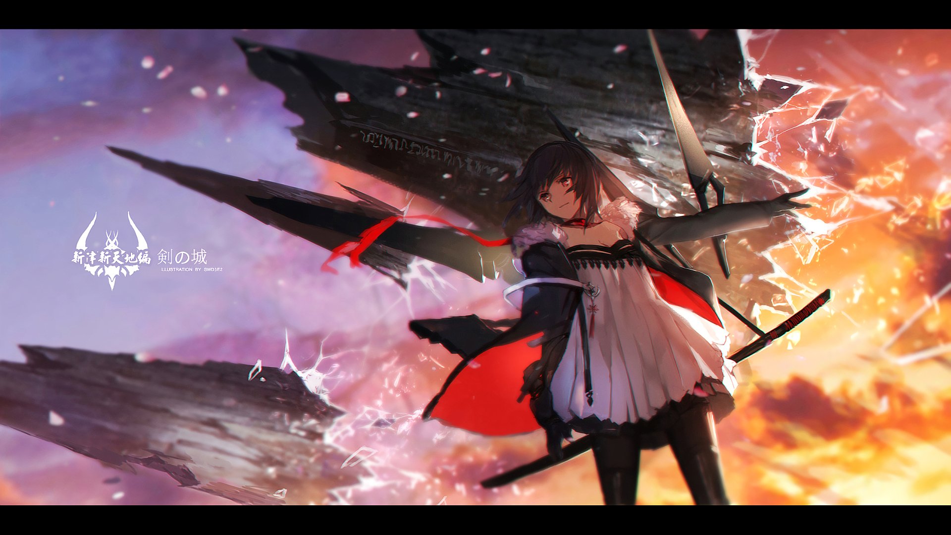 A striking anime character with black short hair and red eyes, wearing gloves and pantyhose, stands against a dramatic backdrop of shattered shards, set in the Pixiv Fantasia universe.
