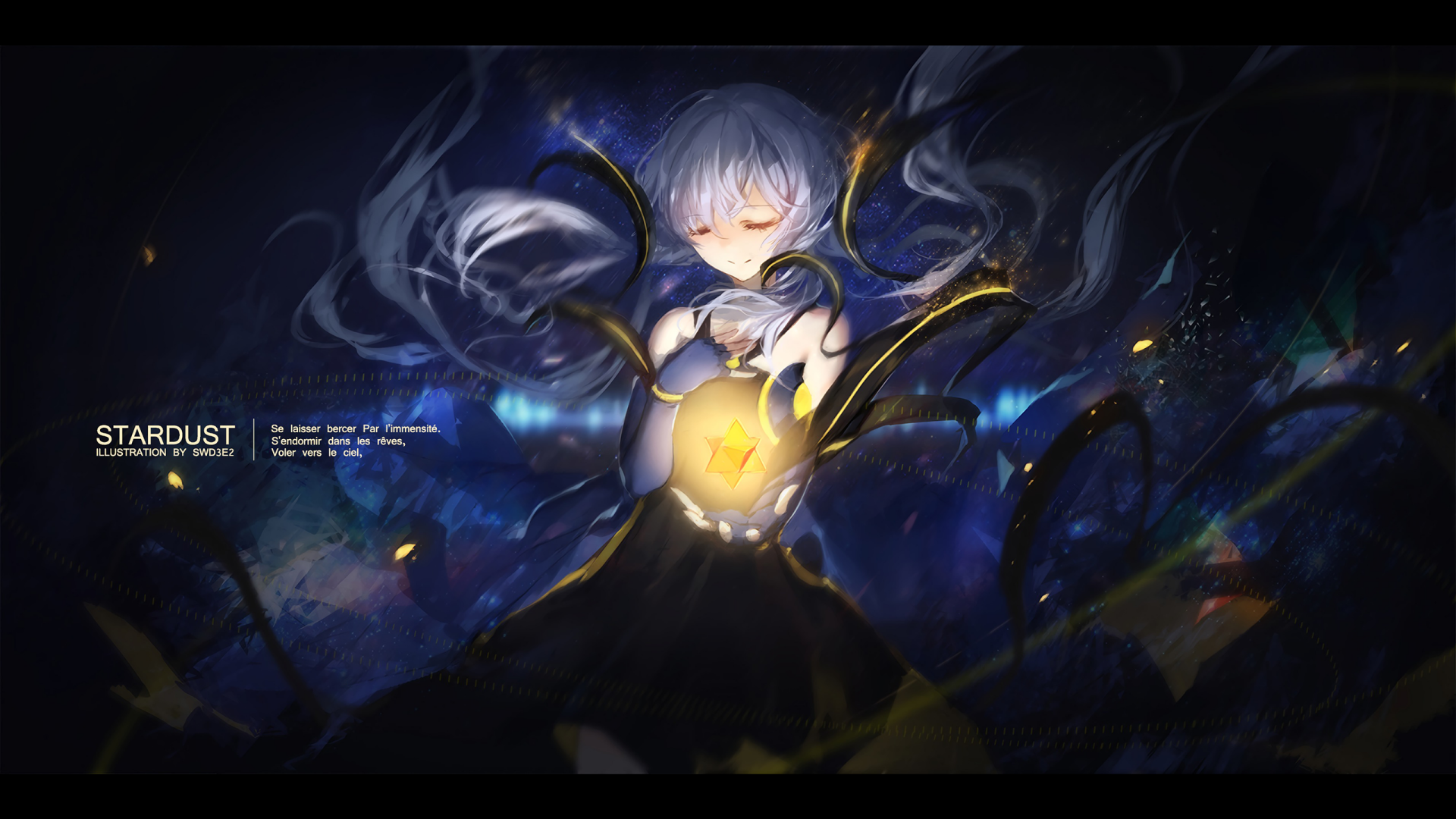HD desktop wallpaper featuring Stardust from Vocaloid in an anime style, holding a glowing star against a dark, ethereal background.
