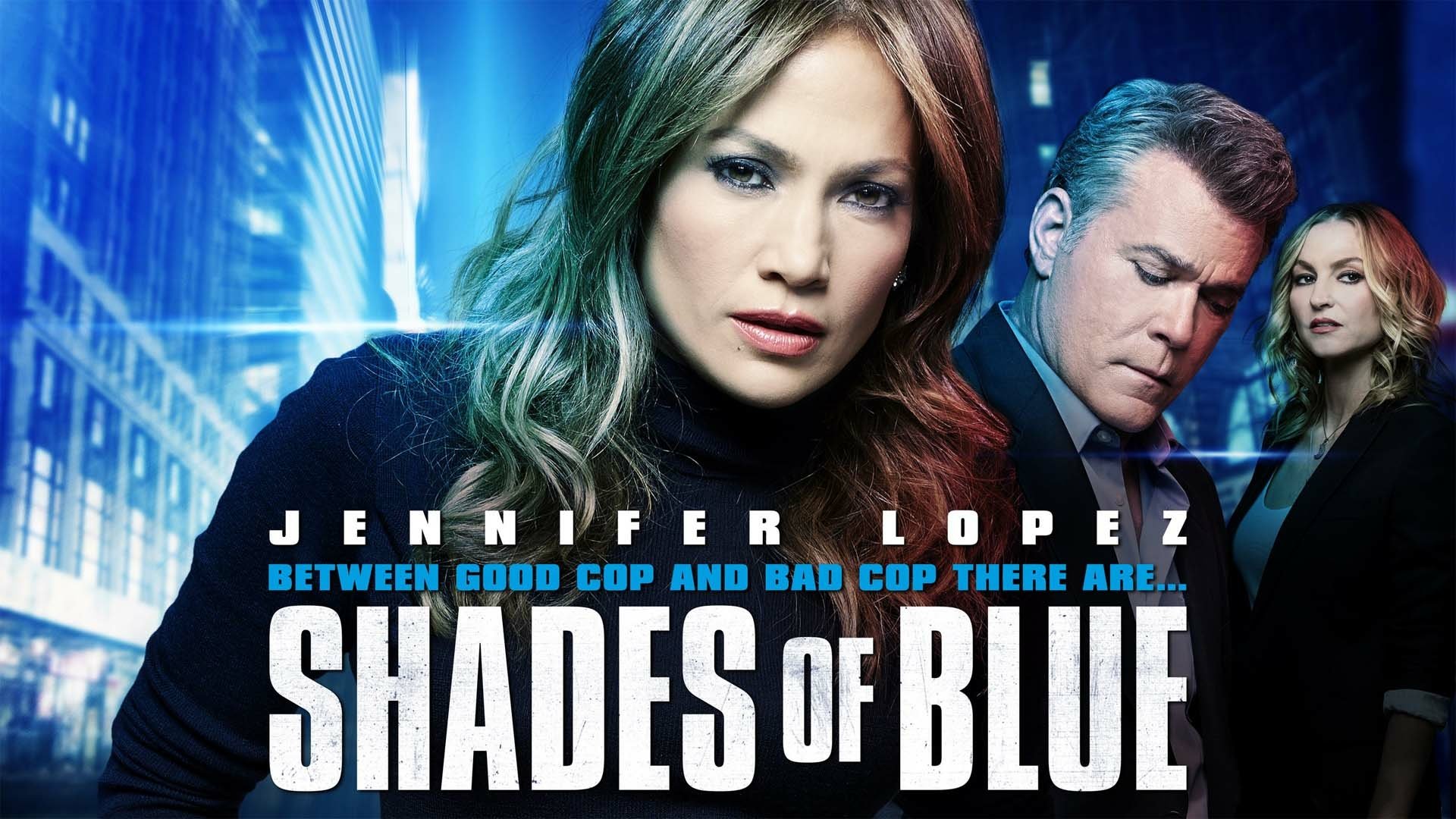 HD PC wallpaper for TV show Shades of Blue: blue-lit city backdrop with close-up of two lead characters and bold title text across the bottom.