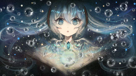 A vibrant HD wallpaper featuring Hatsune Miku with blue hair surrounded by bubbles and shimmering stars, capturing a captivating anime aesthetic.