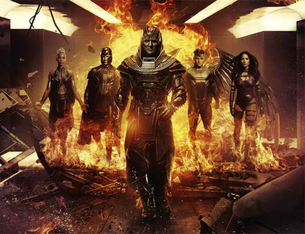 A dynamic HD wallpaper featuring iconic Marvel characters from X-Men: Apocalypse, including Apocalypse, Magneto, Storm, Archangel, and Psylocke, set against a fiery backdrop.