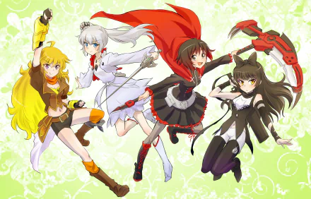 HD PC desktop wallpaper featuring Ruby Rose, Yang Xiao Long, Blake Belladonna, and Weiss Schnee from the anime RWBY in dynamic action poses against a light floral background.