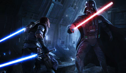 Starkiller clashes with Darth Vader in this intense moment from Star Wars: The Force Unleashed II, captured in stunning HD as a dynamic PC desktop wallpaper.