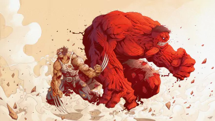 Action-packed HD wallpaper featuring Red Hulk and Wolverine from the X-Men comics, showcasing dynamic poses against a dramatic background.
