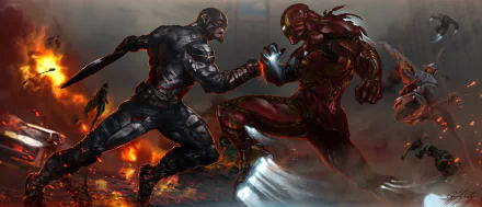 HD wallpaper featuring Iron Man and Captain America in a dramatic battle scene from the movie Captain America: Civil War, set against a backdrop of flames and destruction.