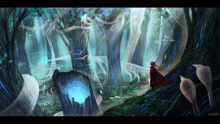 A vibrant anime forest scene with glowing blue accents and a figure in red exploring mystical woods, featured as an HD PC desktop wallpaper and background.