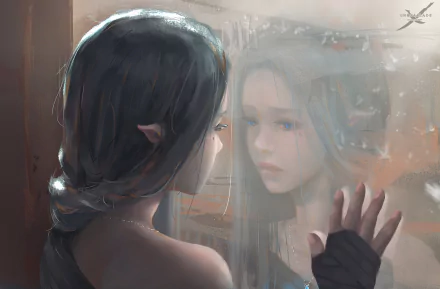 A captivating HD desktop wallpaper from the comic GhostBlade, featuring an elfin girl gazing at her reflection through a foggy surface, evoking a sense of introspection and magic.