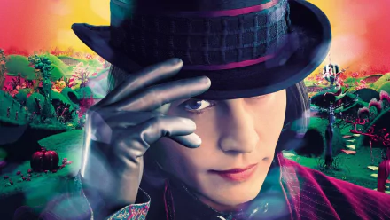 HD desktop wallpaper featuring Johnny Depp as Willy Wonka from the movie Charlie and the Chocolate Factory, with a vibrant, colorful background.