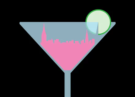 A stylish HD desktop wallpaper featuring a vibrant pink cocktail glass with a city skyline silhouette, inspired by the iconic themes of the TV show Sex and the City.