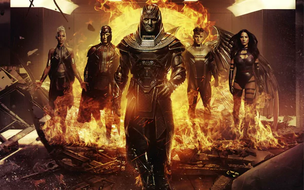 A dynamic HD wallpaper featuring iconic Marvel characters from X-Men: Apocalypse, including Apocalypse, Magneto, Storm, Archangel, and Psylocke, set against a fiery backdrop.
