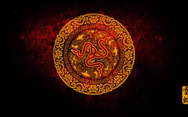 A vibrant HD desktop wallpaper featuring intricate golden designs on a deep red background, showcasing the iconic Razer logo at its center, reflecting modern technology aesthetics.