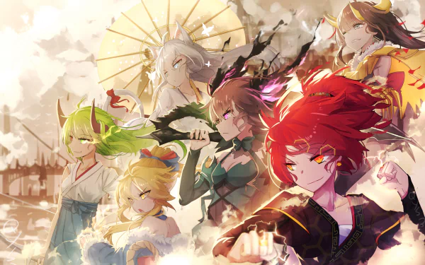 A vibrant HD anime wallpaper featuring characters from Pixiv Fantasia T, showcasing diverse designs and colorful hair against a dynamic, artistic background.