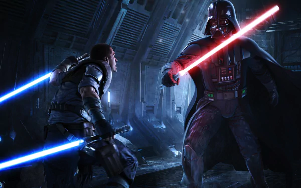 Starkiller clashes with Darth Vader in this intense moment from Star Wars: The Force Unleashed II, captured in stunning HD as a dynamic PC desktop wallpaper.