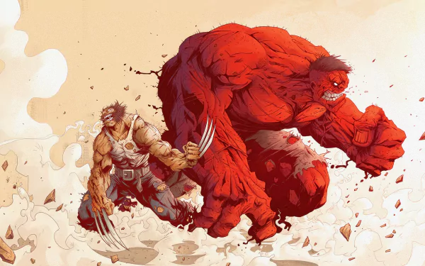 Action-packed HD wallpaper featuring Red Hulk and Wolverine from the X-Men comics, showcasing dynamic poses against a dramatic background.