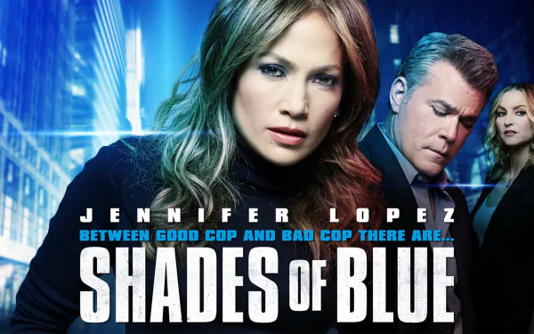 HD PC wallpaper for TV show Shades of Blue: blue-lit city backdrop with close-up of two lead characters and bold title text across the bottom.