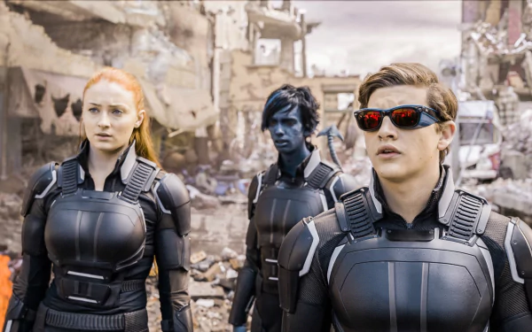 Jean Grey, Cyclops, and Nightcrawler from Marvel's X-Men: Apocalypse stand together in a post-apocalyptic setting, showcasing their distinctive looks and teamwork.