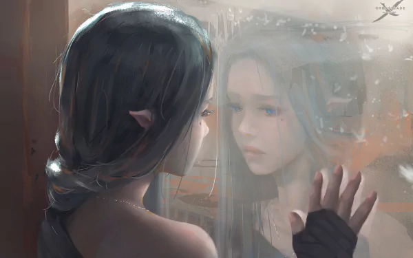 A captivating HD desktop wallpaper from the comic GhostBlade, featuring an elfin girl gazing at her reflection through a foggy surface, evoking a sense of introspection and magic.