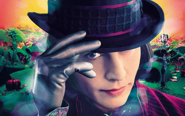 HD desktop wallpaper featuring Johnny Depp as Willy Wonka from the movie Charlie and the Chocolate Factory, with a vibrant, colorful background.