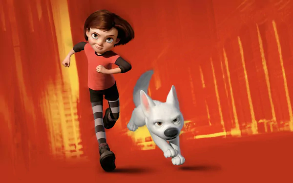 HD PC desktop wallpaper featuring characters Bolt, the white dog, and his owner Penny from the movie Bolt running dynamically against an orange background.