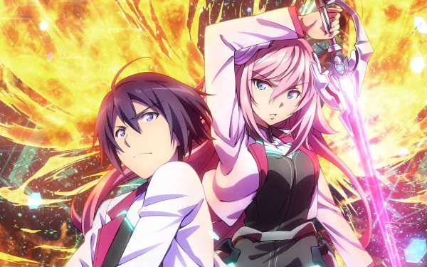 A dynamic HD wallpaper featuring Julis Riessfeld and Amagiri Ayato from the anime The Asterisk War: The Academy City on the Water, set against a vibrant, fiery background.