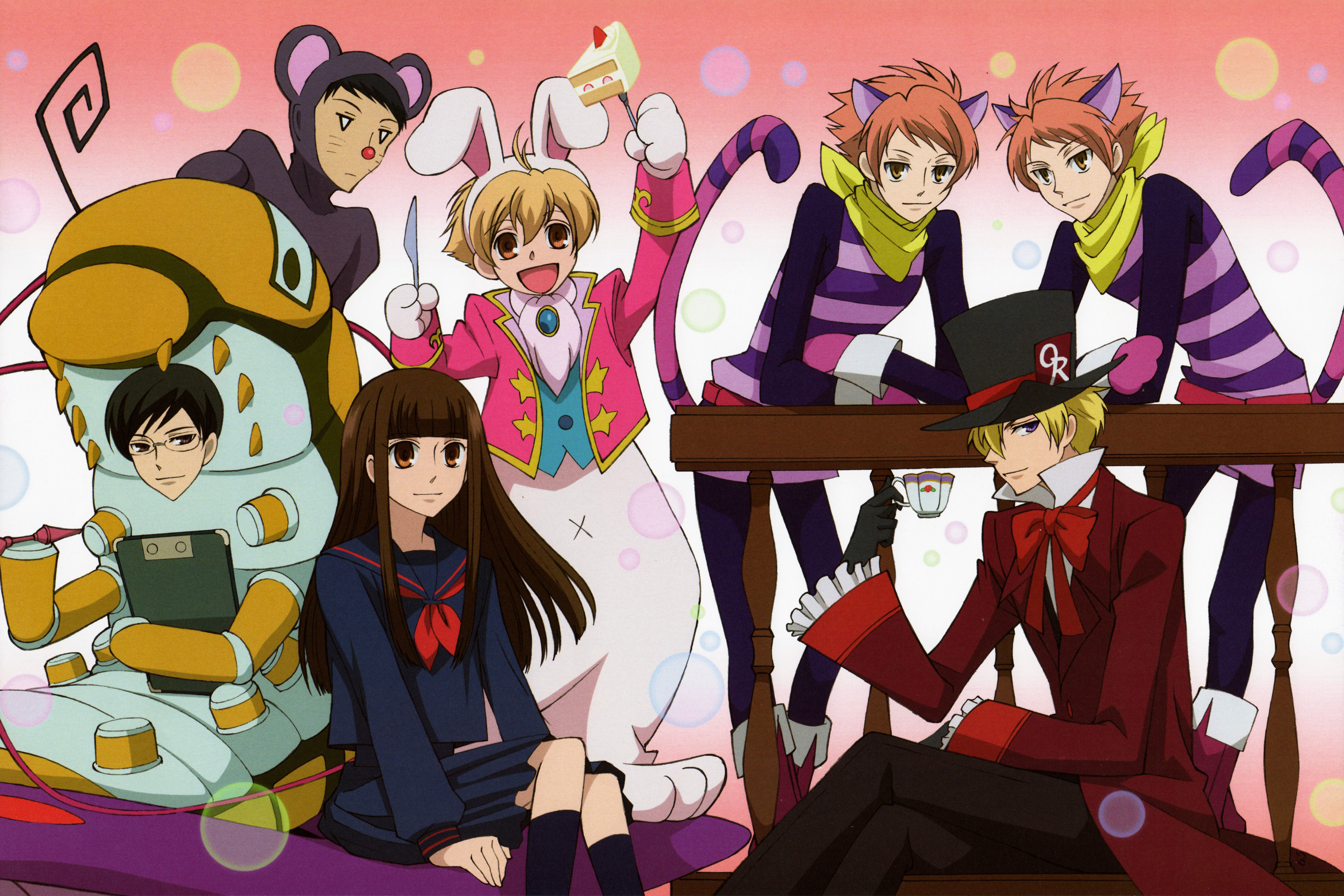 HD desktop wallpaper of Ouran High School Host Club characters in various colorful costumes against a playful background.