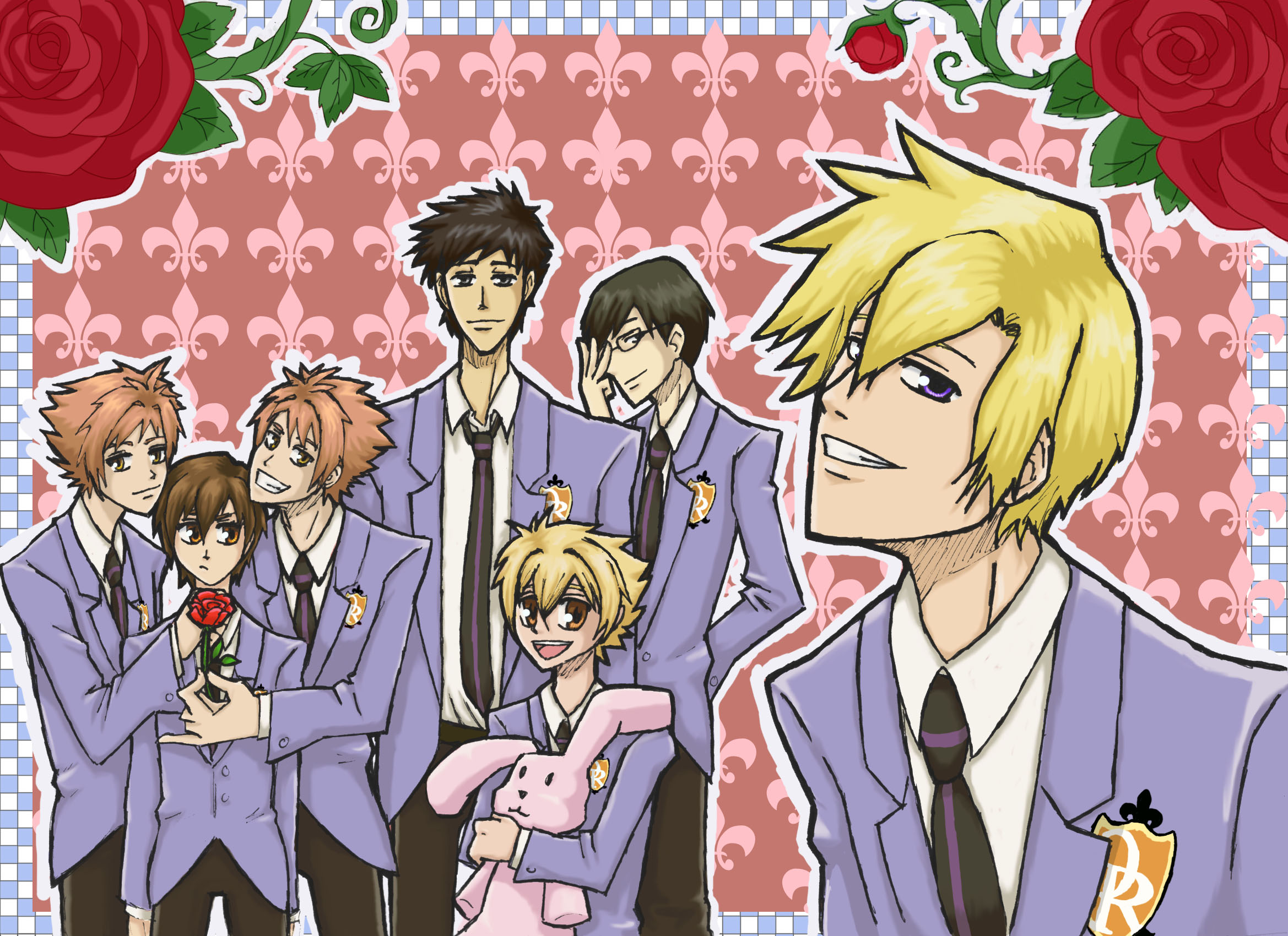 HD desktop wallpaper featuring characters from Ouran High School Host Club with a floral background.