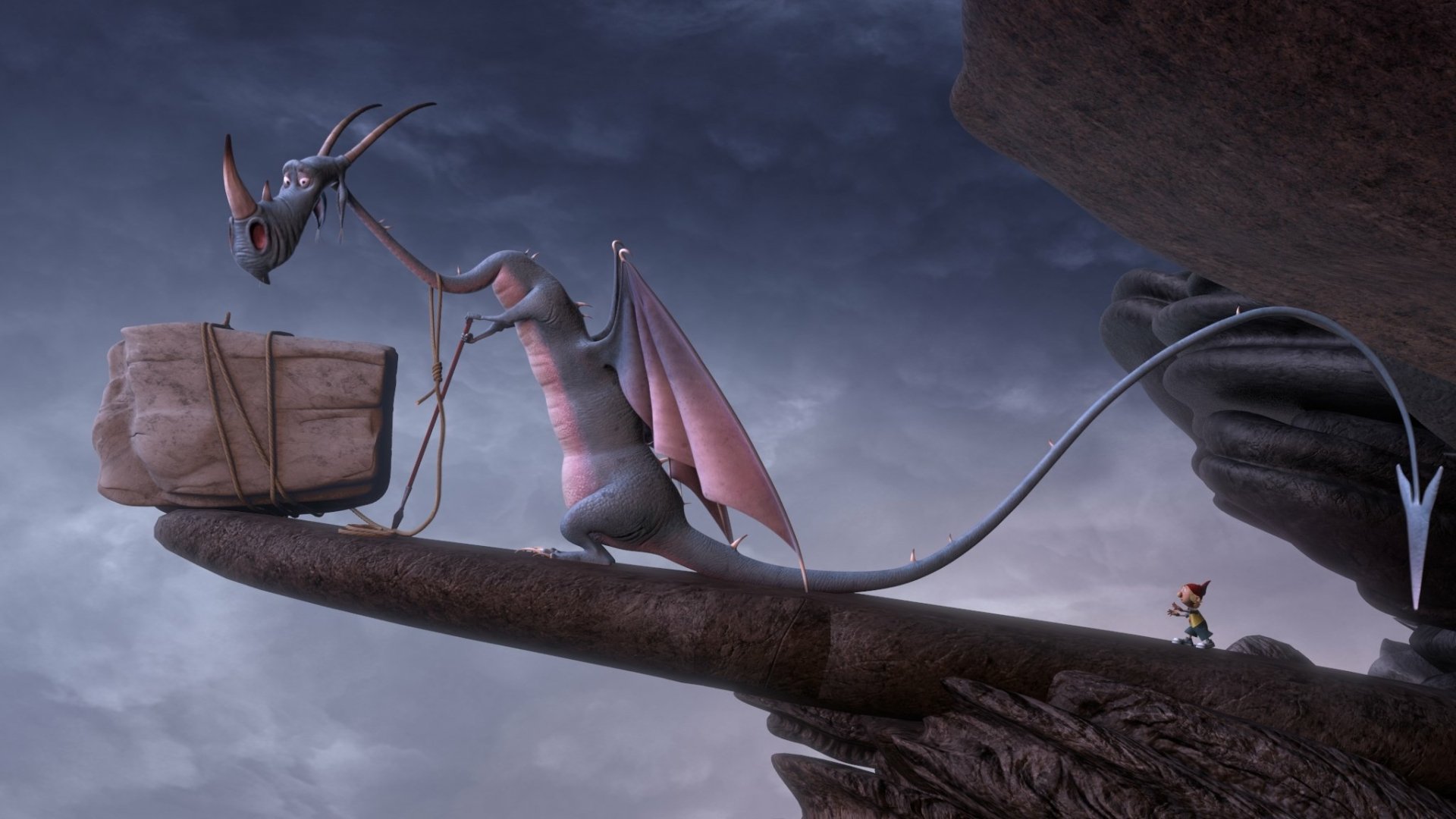 Funny, humorous fantasy scene: two comical dragons haul a huge package along a narrow cliff beam over mist — HD PC desktop wallpaper background.
