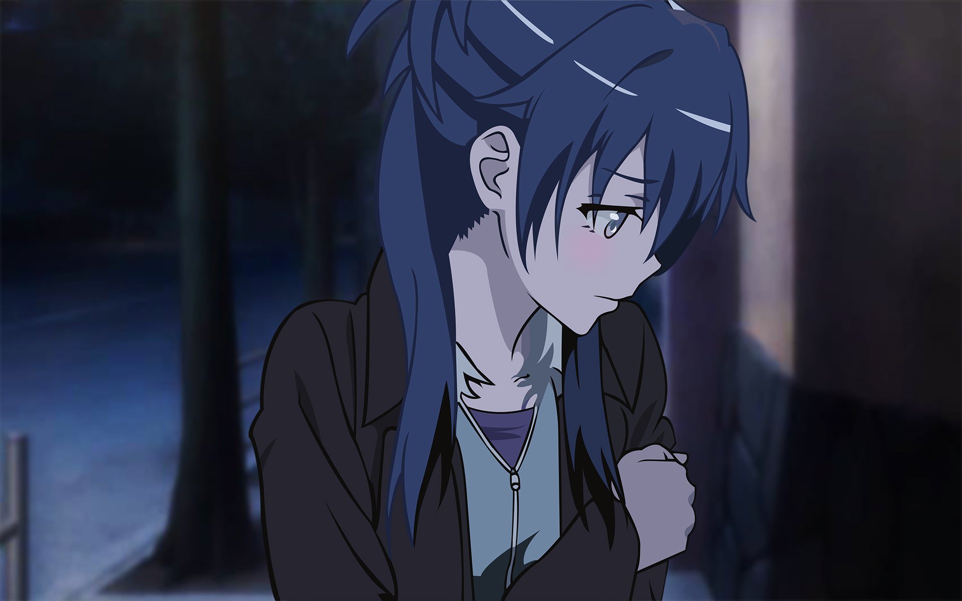 Yukino Yukinoshita from the anime My Teen Romantic Comedy SNAFU stands pensively at night, captured in a beautifully designed HD desktop wallpaper background.