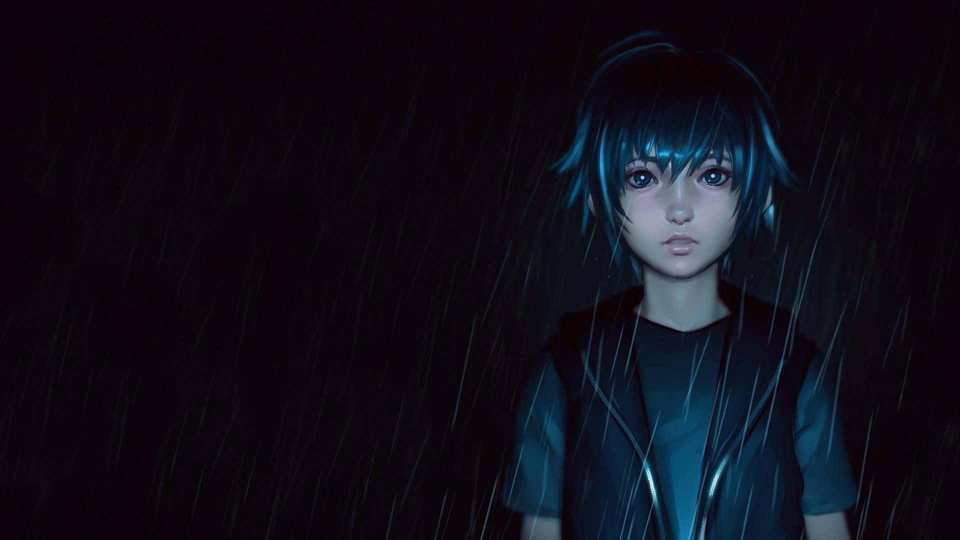 A striking HD wallpaper from Final Fantasy XV features a character standing in the rain, illuminated by soft blue light against a dark background.
