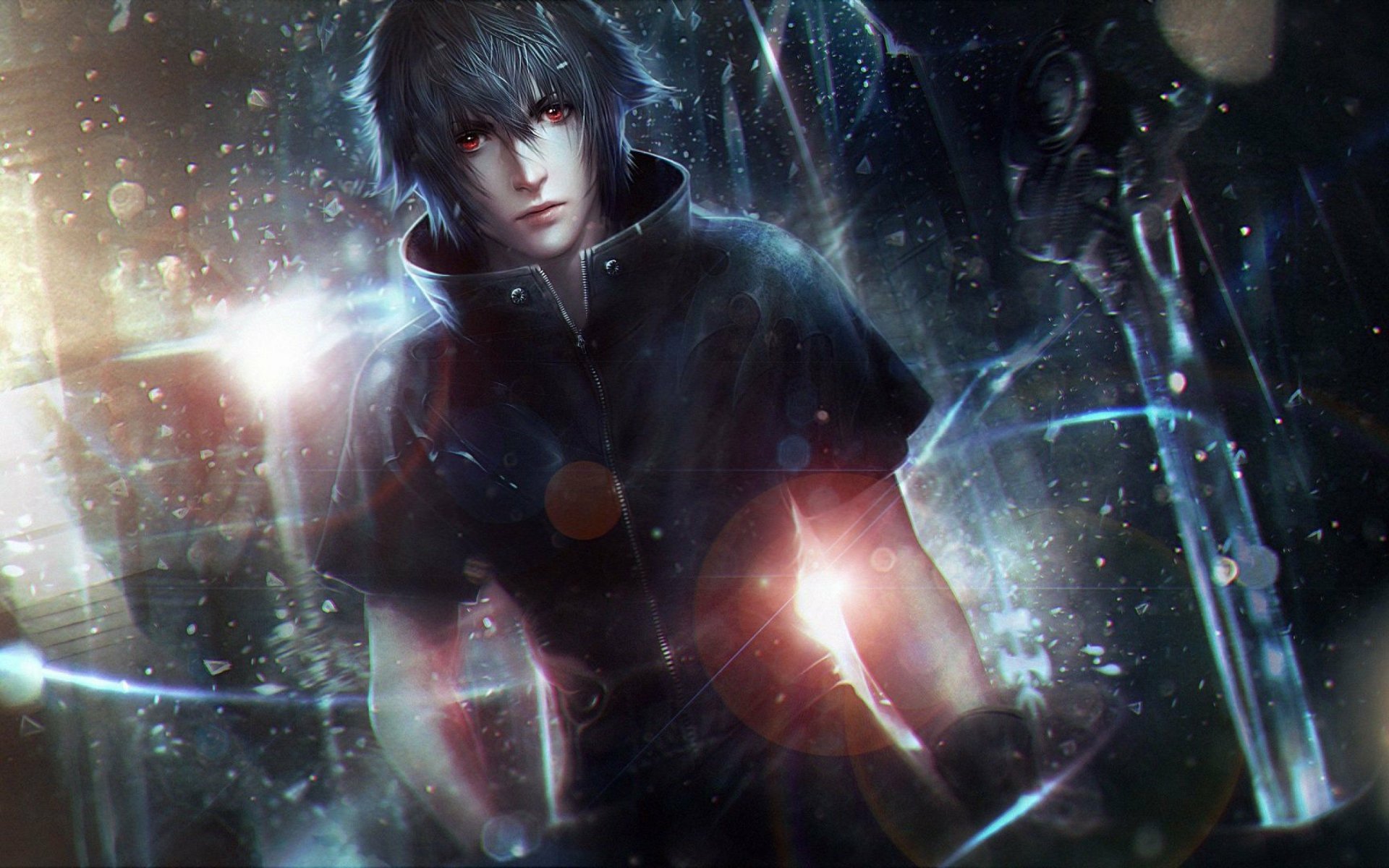 A striking HD wallpaper featuring a character from Final Fantasy XV, surrounded by a mystical aura with effects that enhance the game's fantastical elements.