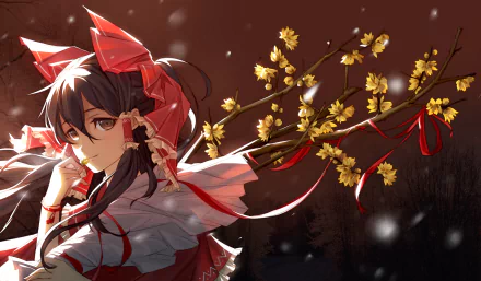 HD PC desktop wallpaper featuring Reimu Hakurei from the Touhou anime series, with detailed blossoms and vibrant colors enhancing the dynamic composition.