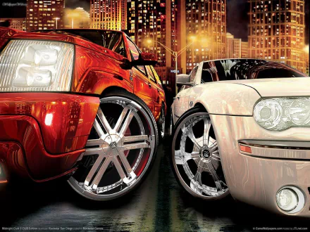 HD PC desktop wallpaper featuring detailed close-up of two cars from the video game Midnight Club 3, set against a vibrant cityscape at night.