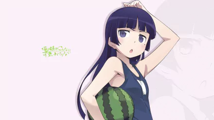 HD PC wallpaper of Ruri Gokō (Kuroneko) from Oreimo: anime girl in a navy swimsuit holding a watermelon against a soft pastel background.
