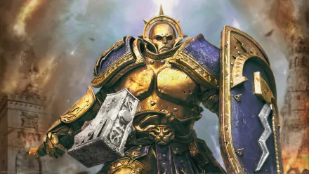 4K Ultra HD wallpaper of a Stormcast Eternal warrior from the Warhammer video game, clad in golden armor with a large shield and hammer, set against a stormy background.