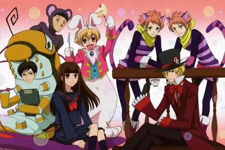 HD desktop wallpaper of Ouran High School Host Club characters in various colorful costumes against a playful background.