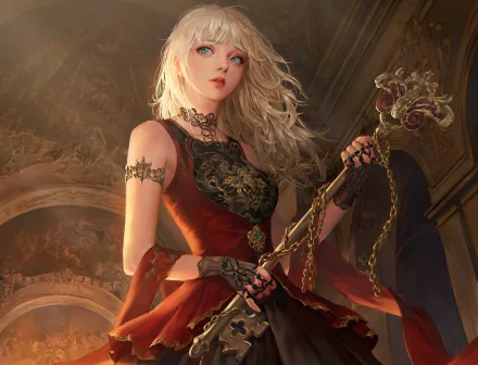 Blonde female warrior with aqua eyes from the video game Legend of the Cryptids, featured in a detailed HD PC desktop wallpaper and background.