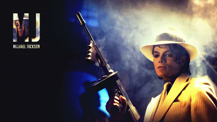 A striking HD wallpaper featuring Michael Jackson in a stylish outfit, holding a gun, surrounded by dramatic lighting and smoke, celebrating the music legend's iconic presence.