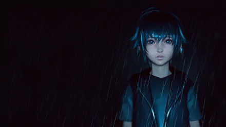 A striking HD wallpaper from Final Fantasy XV features a character standing in the rain, illuminated by soft blue light against a dark background.