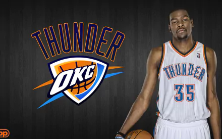 HD wallpaper of a basketball player in a white OKC Thunder jersey with the number 35, holding a ball against a dark backdrop with the team's logo.