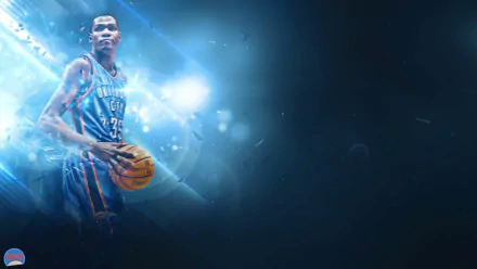 HD desktop wallpaper of a basketball player in action with a dynamic blue background.