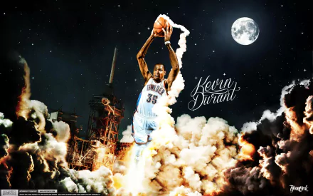 HD wallpaper featuring Kevin Durant playing basketball with a dynamic cosmic background and his name prominently displayed.