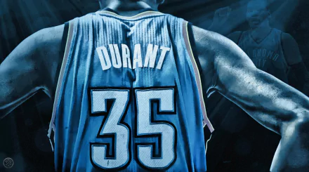 HD wallpaper featuring the back of a basketball jersey with the name DURANT and the number 35 in a blue-tinted spotlight.