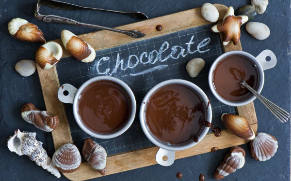 HD desktop wallpaper featuring cups of rich chocolate surrounded by seashell-shaped sweets on a chalkboard surface labeled Chocolate.