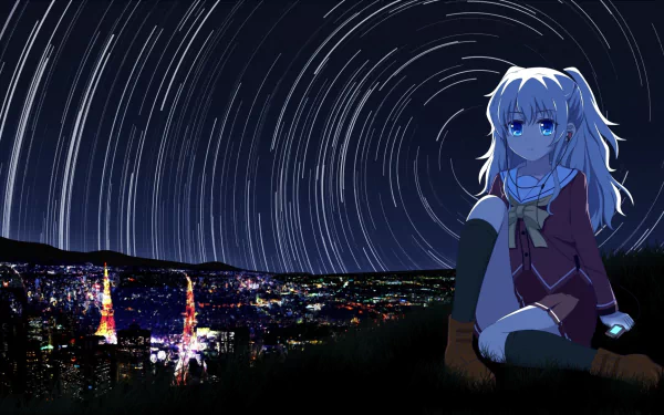 Nao Tomori from the anime Charlotte sits under a starry sky with city lights in the background in this HD desktop wallpaper.
