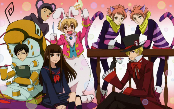 HD desktop wallpaper of Ouran High School Host Club characters in various colorful costumes against a playful background.